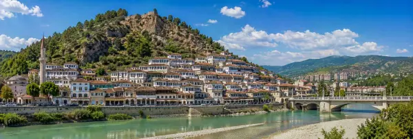 Berat panoramic view with hillside Ottoman houses, Berat Castle, Osum River and mountains