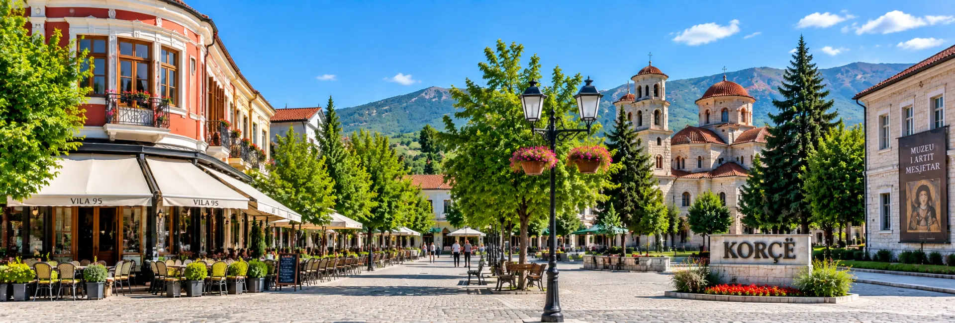 Korçë, Albania, with its pedestrian boulevard, cafés, Orthodox cathedral, and Morava mountain backdrop