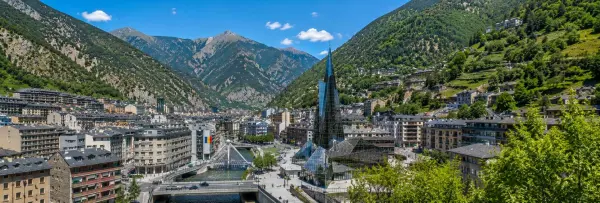 Panoramic view of Andorra la Vella, Andorra, surrounded by dramatic Pyrenean mountains