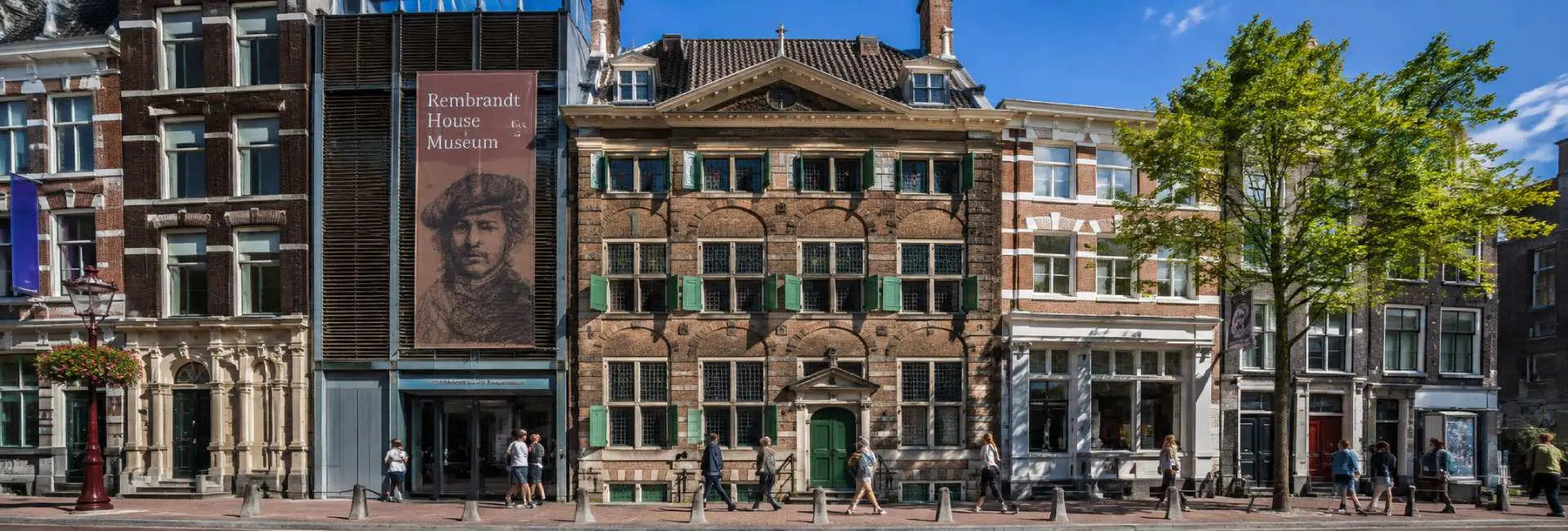 Rembrandt House Museum historic façade on Jodenbreestraat in Amsterdam