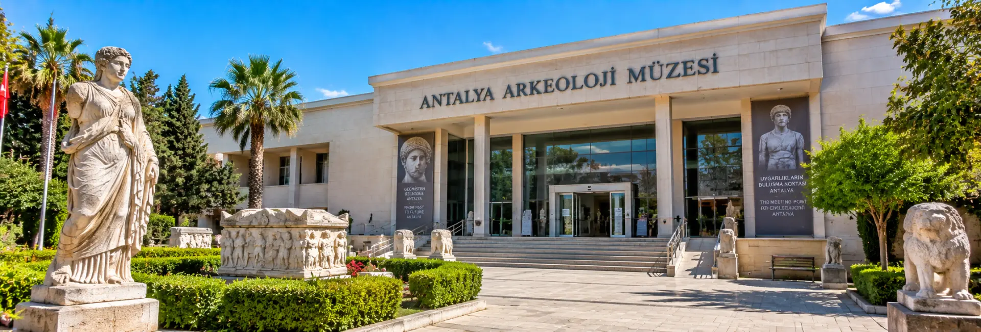 Antalya Archaeological Museum in Antalya, Türkiye, with ancient sculptures in the courtyard