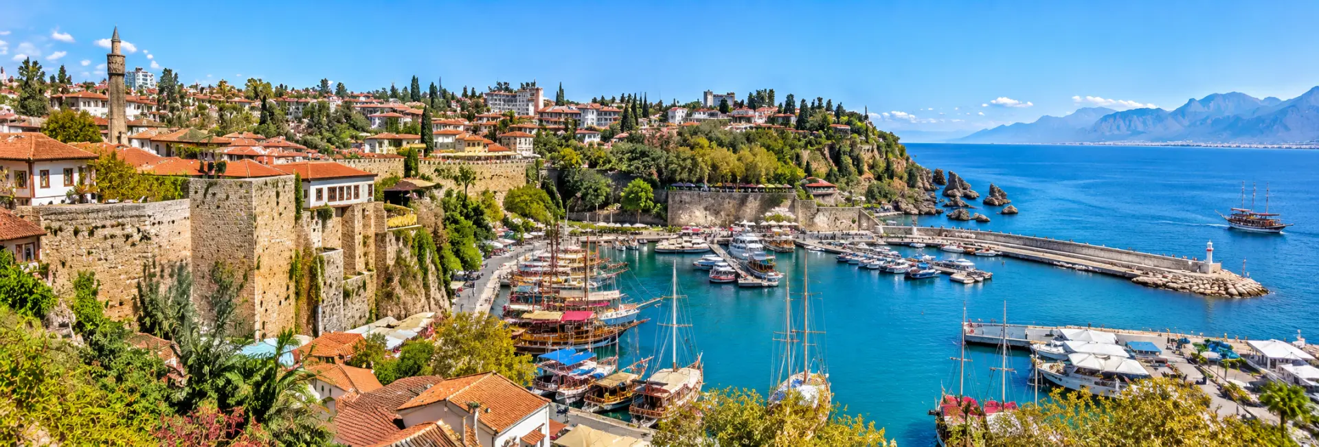 Kaleiçi Old Town in Antalya, Türkiye, overlooking the historic harbor and Mediterranean Sea