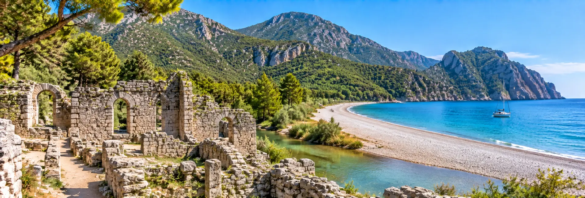Olympos Ancient City and Çıralı beach in Antalya, Türkiye, with ruins, turquoise sea and mountains