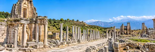 Perge Ancient City in Antalya, Türkiye, with Roman columns and ancient ruins