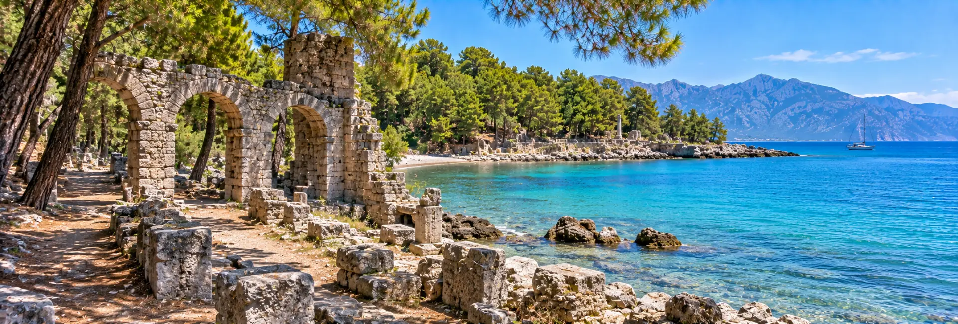 Phaselis Ancient City in Antalya, Türkiye, with ancient ruins beside the turquoise Mediterranean Sea
