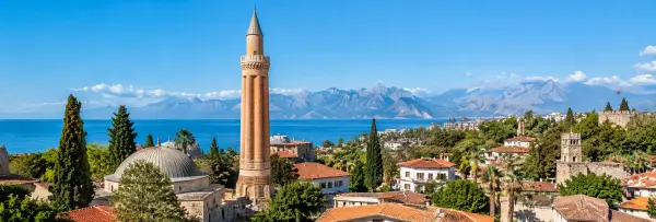 Yivli Minaret overlooking Antalya's historic old town and Mediterranean coast