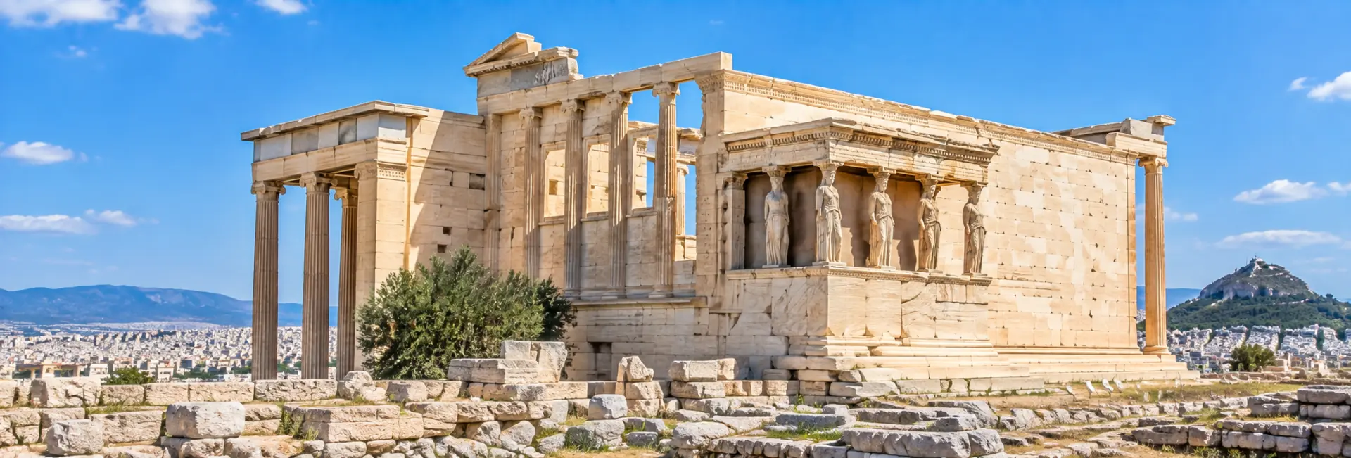 Erechtheion in Athens, Greece, with its iconic Caryatids and ancient marble architecture