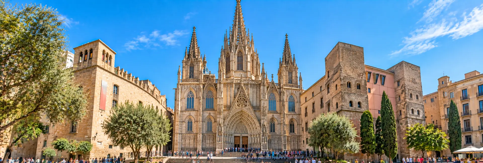 Barcelona Cathedral in Spain, showcasing its ornate Gothic façade, soaring spires and historic architecture