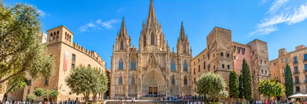 Barcelona Cathedral in Spain, showcasing its ornate Gothic façade, soaring spires and historic architecture
