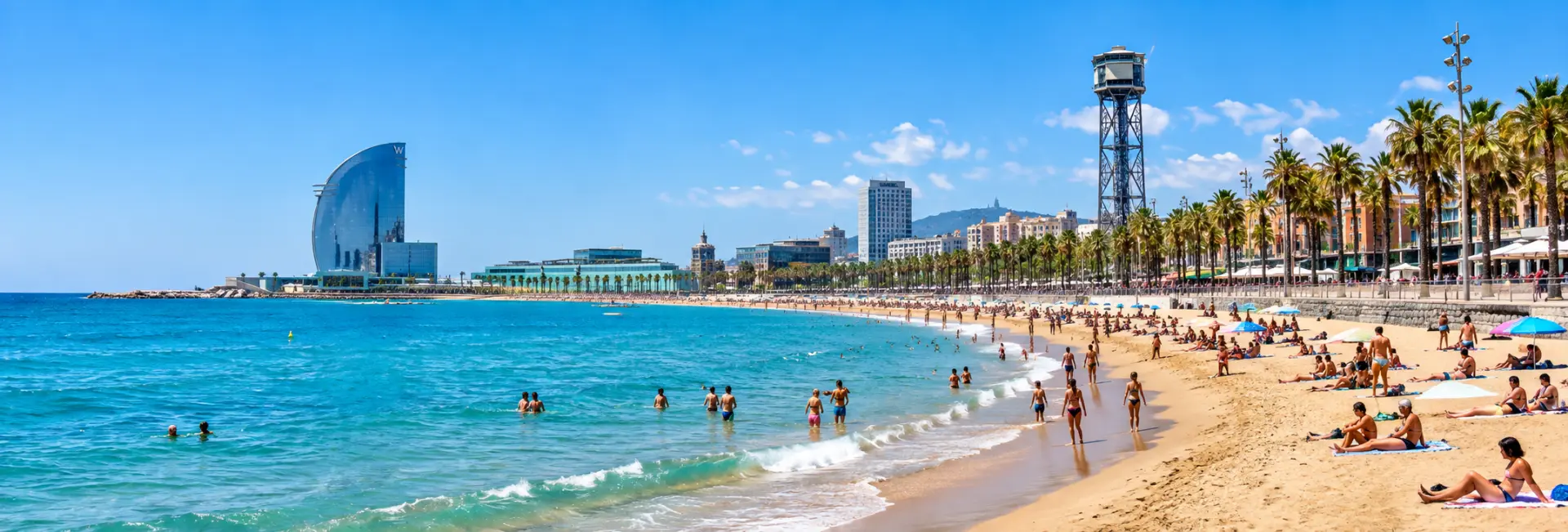 Barceloneta Beach with golden sand, Mediterranean waters and Barcelona waterfront skyline