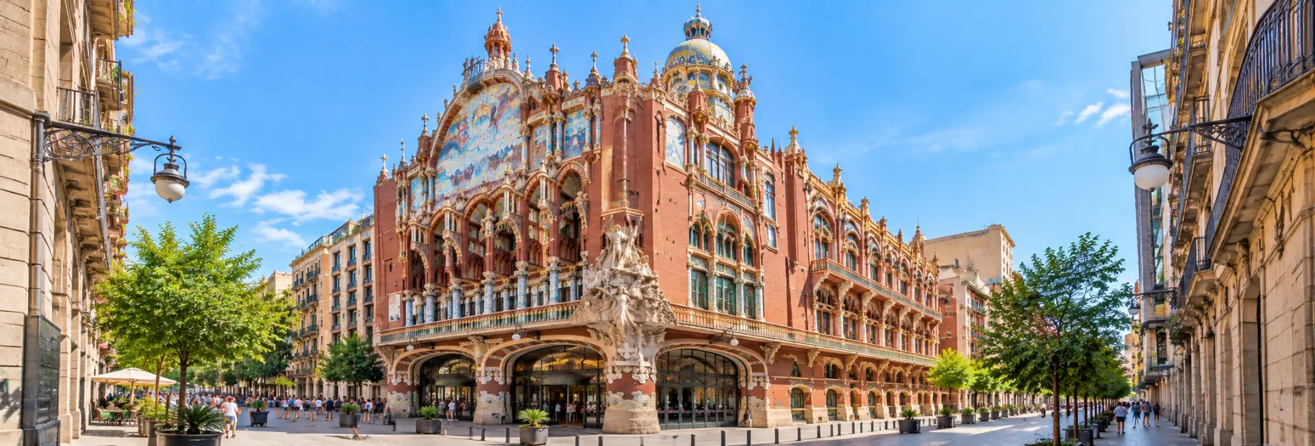 Palau de la Música Catalana full façade with colorful mosaics in Barcelona