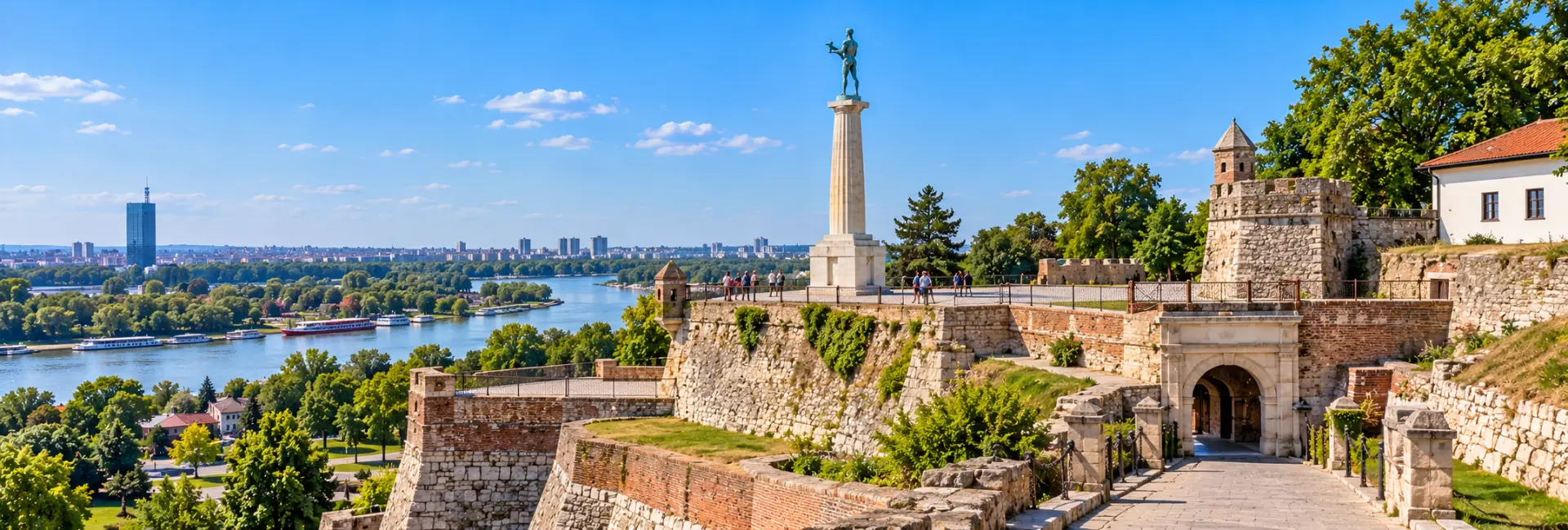 Belgrade Fortress (Kalemegdan) in Belgrade, Serbia, overlooking the Sava and Danube rivers with historic stone walls.
