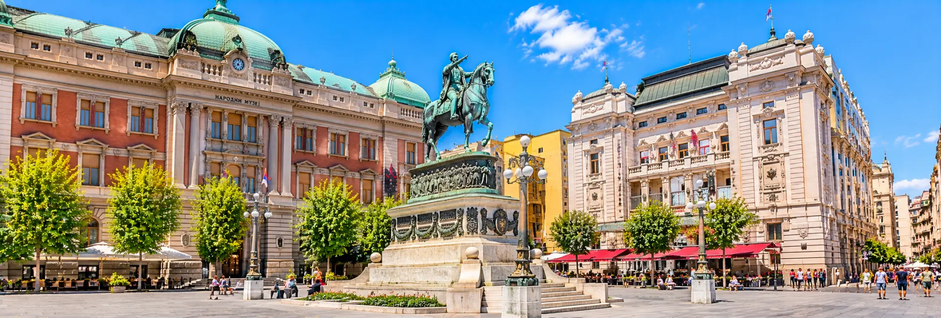 Republic Square in Belgrade, Serbia, featuring the Prince Mihailo Monument, National Museum and historic architecture.