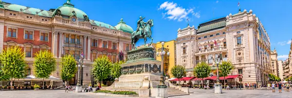 Republic Square in Belgrade, Serbia, featuring the Prince Mihailo Monument, National Museum and historic architecture.