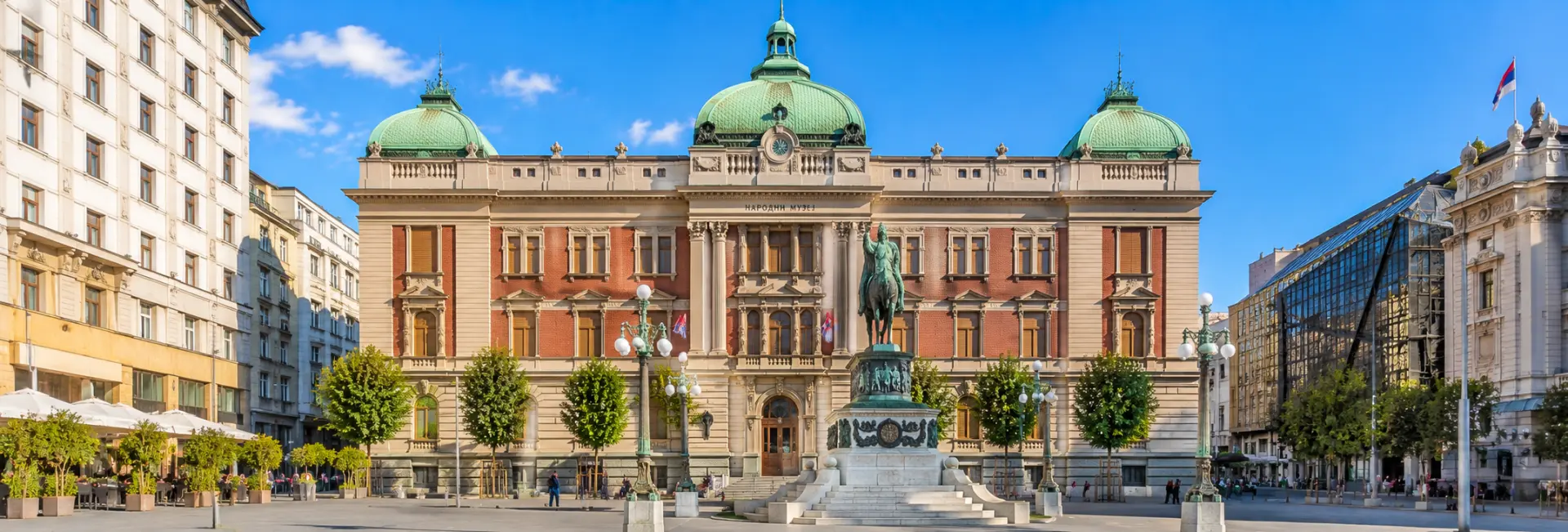 National Museum of Serbia in Belgrade, featuring historic architecture and the Prince Mihailo Monument at Republic Squar