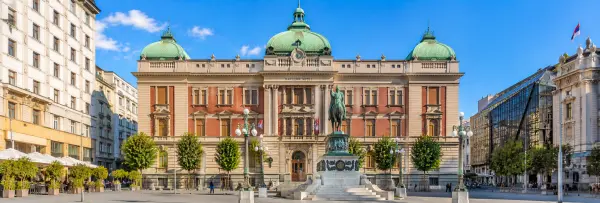 National Museum of Serbia in Belgrade, featuring historic architecture and the Prince Mihailo Monument at Republic Squar