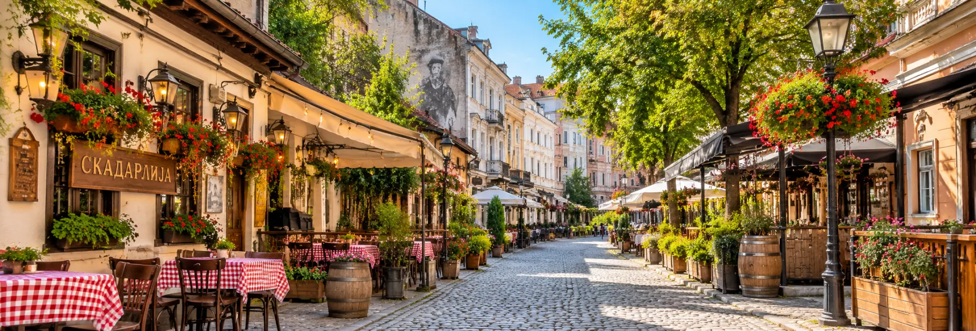Skadarlija in Belgrade, Serbia, featuring cobblestone streets, traditional restaurants, and charming historic buildings.