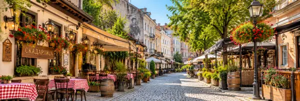 Skadarlija in Belgrade, Serbia, featuring cobblestone streets, traditional restaurants, and charming historic buildings.