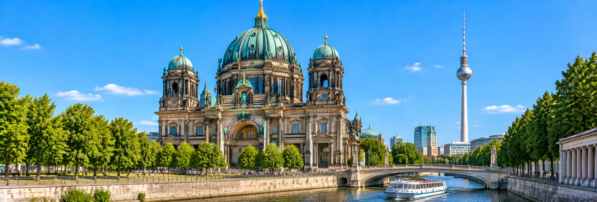 Berlin Cathedral (Berliner Dom) with its grand dome and ornate façade beside the Spree River