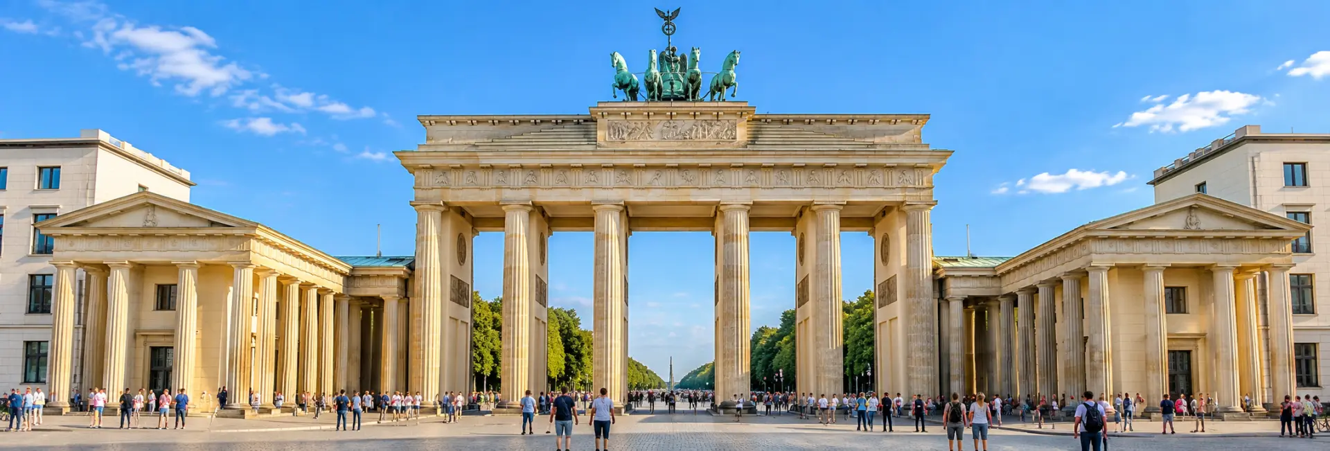 Brandenburg Gate in Berlin with its iconic Quadriga beneath a clear blue sky