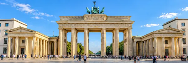 Brandenburg Gate in Berlin with its iconic Quadriga beneath a clear blue sky