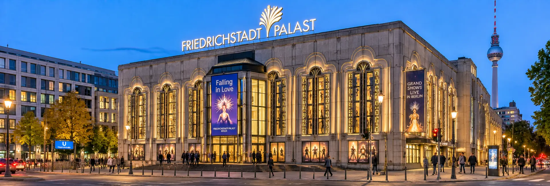 Friedrichstadt-Palast in Berlin with its illuminated grand façade at dusk