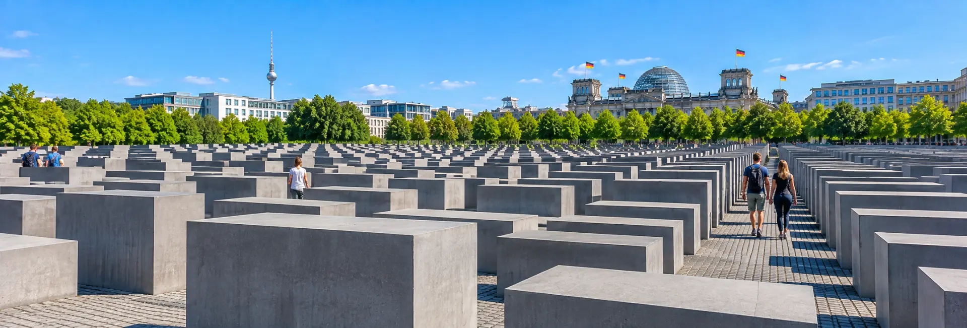 Holocaust Memorial in Berlin with rows of concrete stelae under a clear blue sky