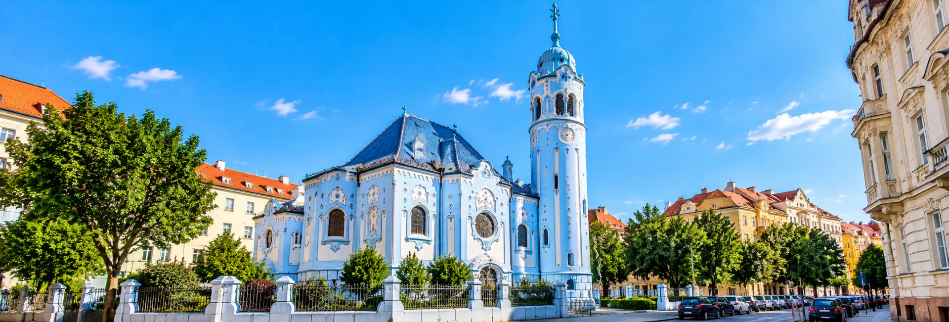 Blue Church of St. Elizabeth in Bratislava, Slovakia, featuring its pastel-blue Art Nouveau architecture and tower.