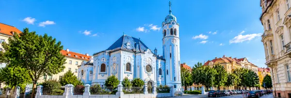 Blue Church of St. Elizabeth in Bratislava, Slovakia, featuring its pastel-blue Art Nouveau architecture and tower.