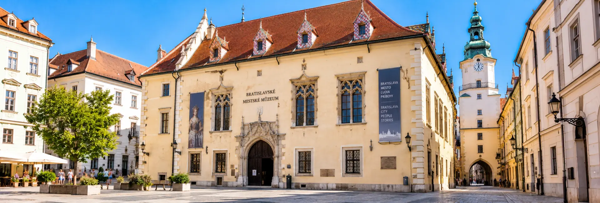 Bratislava City Museum in the historic Old Town Hall, featuring Gothic architecture and a clock tower.
