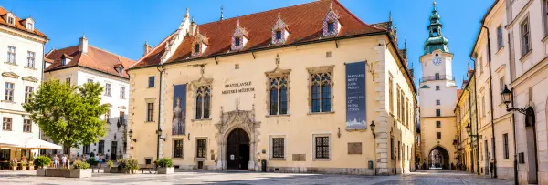 Bratislava City Museum in the historic Old Town Hall, featuring Gothic architecture and a clock tower.