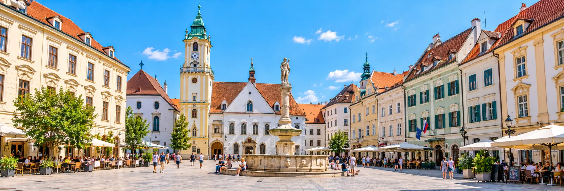 Main Square in Bratislava, Slovakia, featuring the Old Town Hall, historic Roland Fountain and colorful buildings.