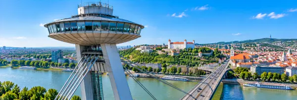 UFO Observation Deck atop the SNP Bridge overlooking the Danube River and Bratislava Castle in Slovakia.