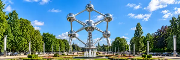Atomium in Brussels, Belgium, under a bright blue sky