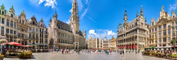 Grand Place in Brussels, Belgium, surrounded by ornate historic guildhalls