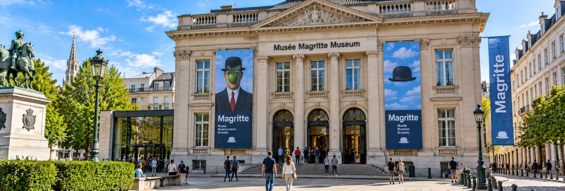 Magritte Museum in Brussels, Belgium, with its neoclassical façade and distinctive Magritte banners