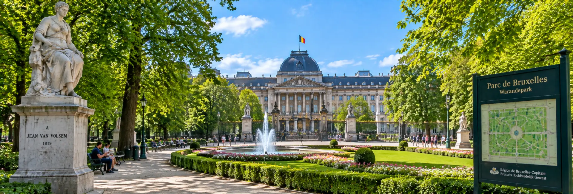 Parc de Bruxelles in Brussels, Belgium, with formal gardens, fountains, and historic architecture