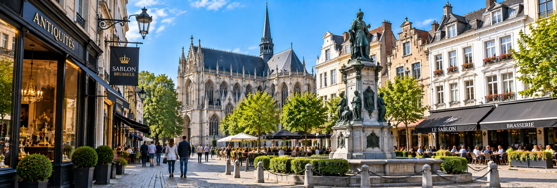 Sablon District in Brussels, Belgium, with historic buildings, cafés, and Notre-Dame du Sablon