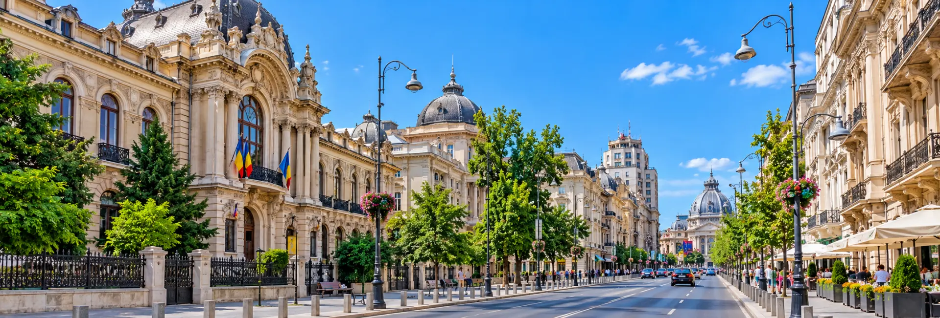 Calea Victoriei in Bucharest, Romania, featuring historic buildings, elegant architecture, and a lively boulevard.