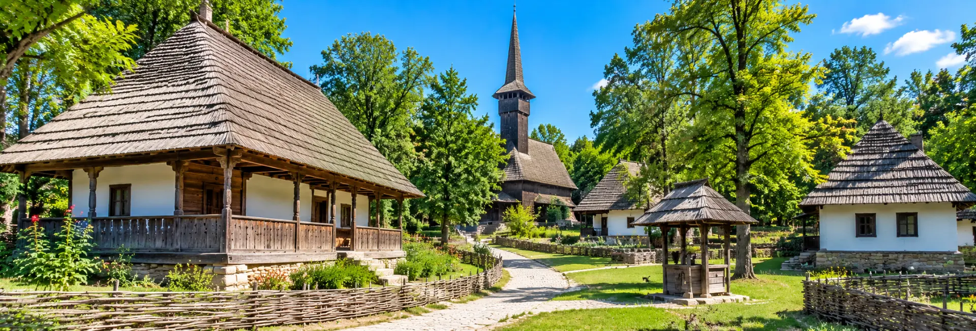 Dimitrie Gusti National Village Museum in Bucharest, Romania, featuring traditional wooden houses and rural architecture