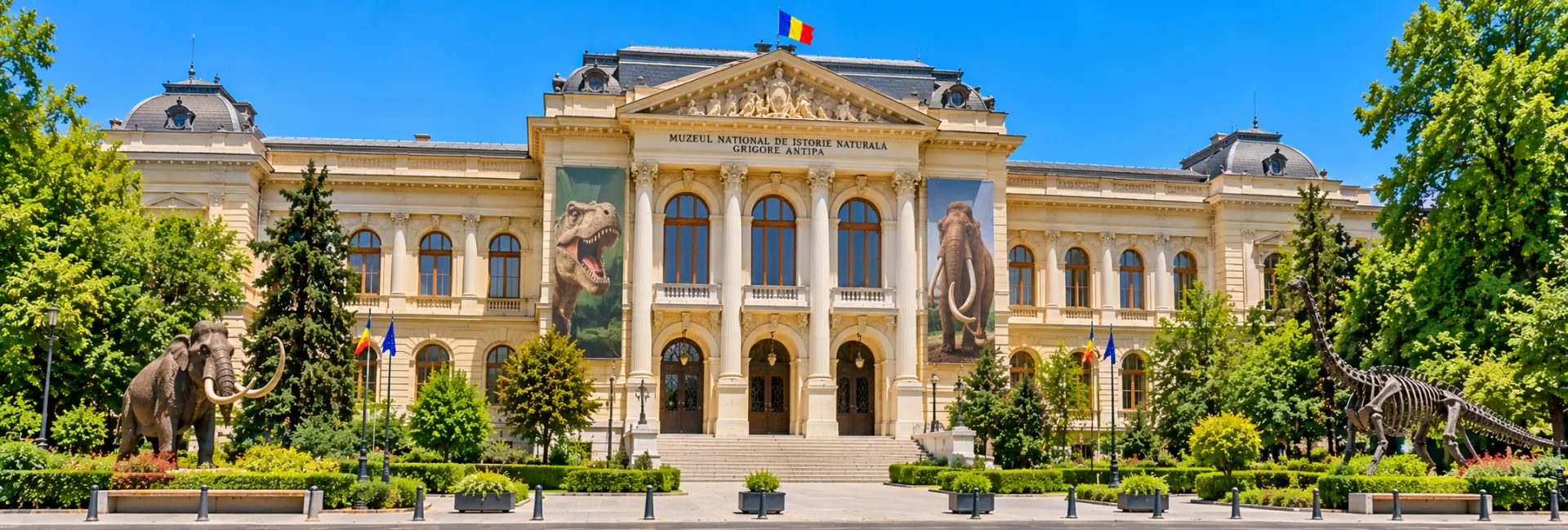 Grigore Antipa National Museum of Natural History in Bucharest, Romania, featuring its grand facade and dinosaur exhibit
