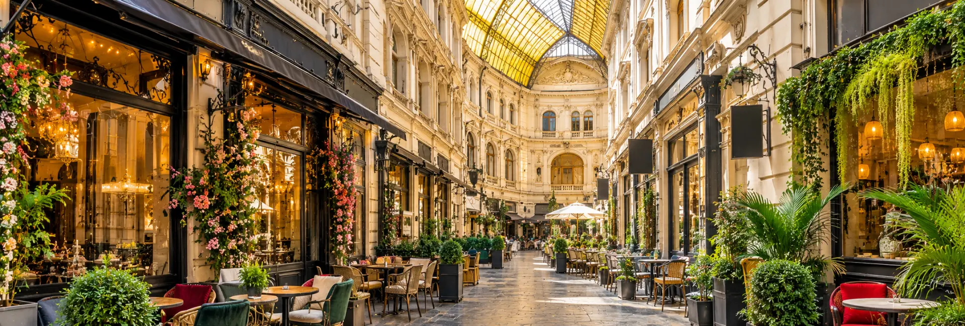 Macca-Vilacrosse Passage in Bucharest, Romania, featuring its yellow glass roof, ornate architecture and charming cafes.