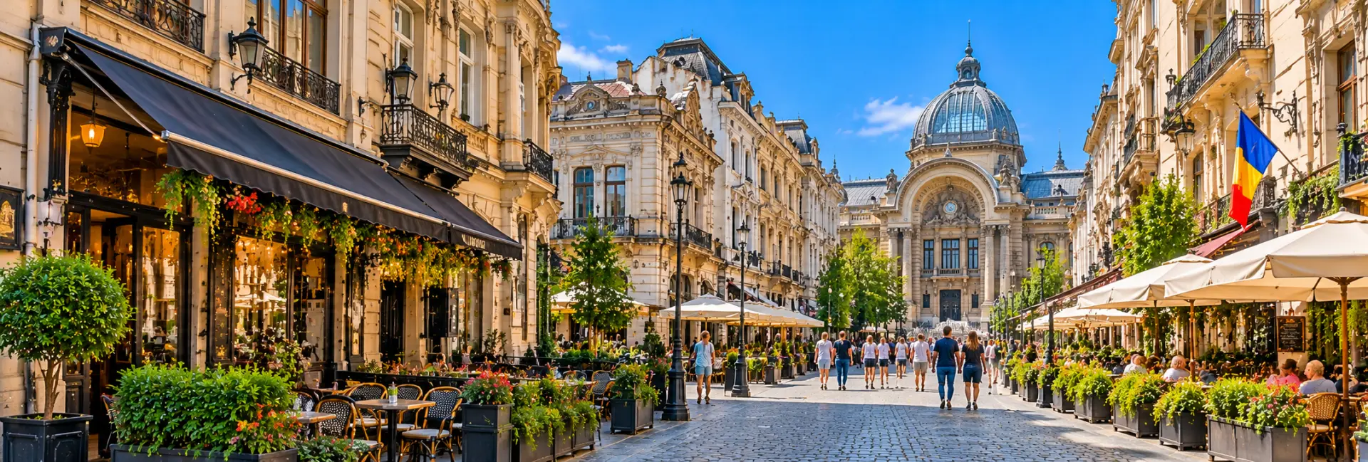 Old Town (Lipscani) in Bucharest, Romania, featuring cobblestone streets, historic buildings and lively outdoor cafes.