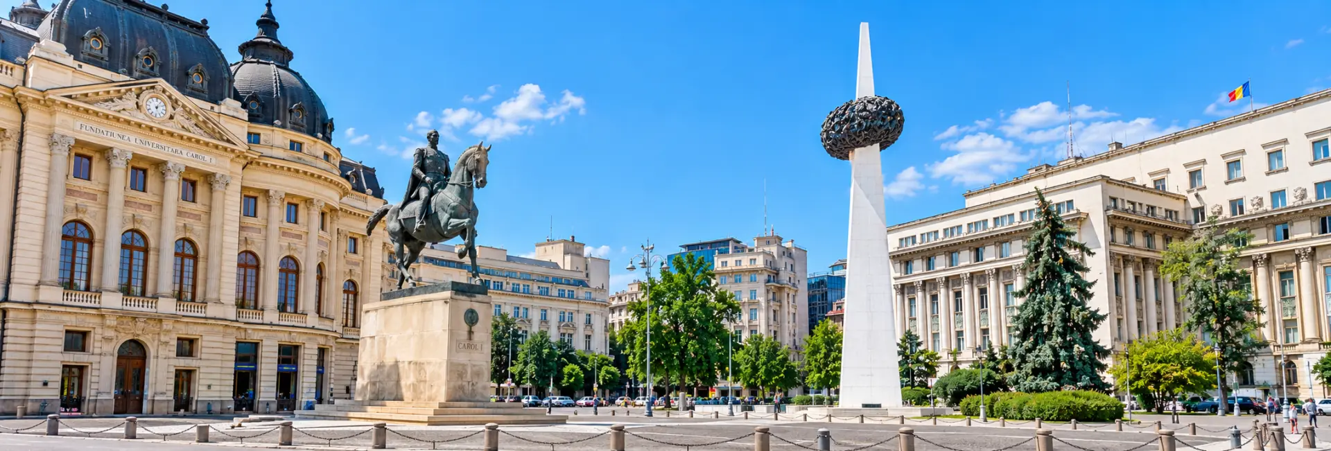 Revolution Square in Bucharest, Romania, featuring the Memorial of Rebirth, historic buildings, and the Carol I statue.