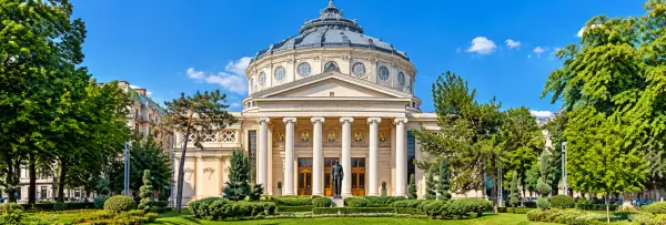 Romanian Athenaeum in Bucharest, Romania, featuring its grand columns, iconic dome, and elegant architecture.