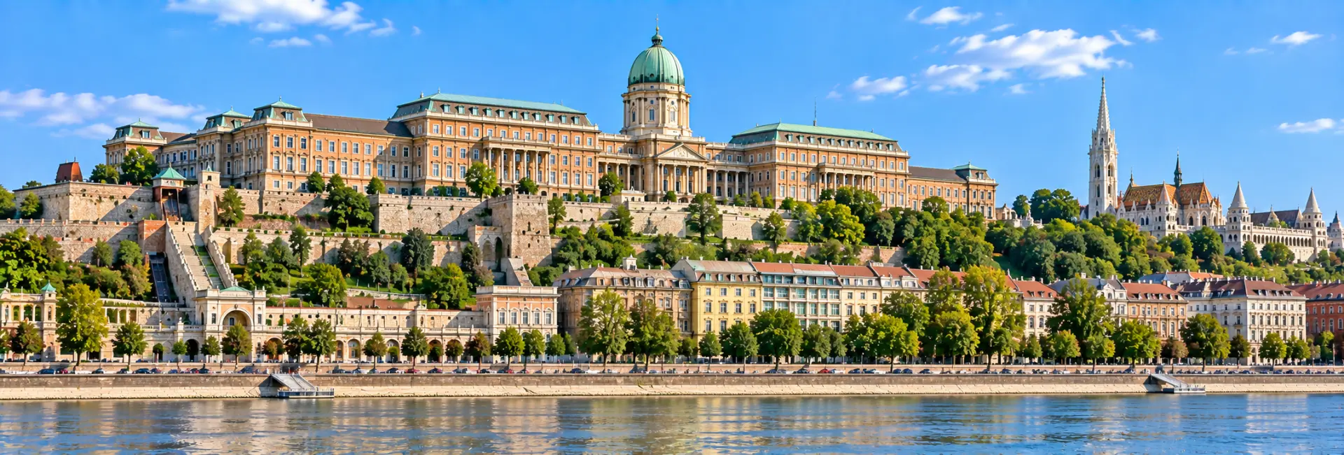 Buda Castle in Budapest, Hungary, overlooking the Danube River with its iconic green dome