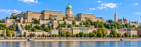 Buda Castle in Budapest, Hungary, overlooking the Danube River with its iconic green dome