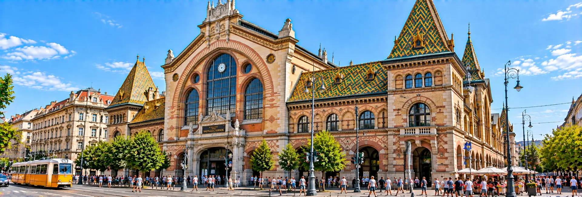 Central Market Hall in Budapest, Hungary, with its colorful tiled roof and historic façade