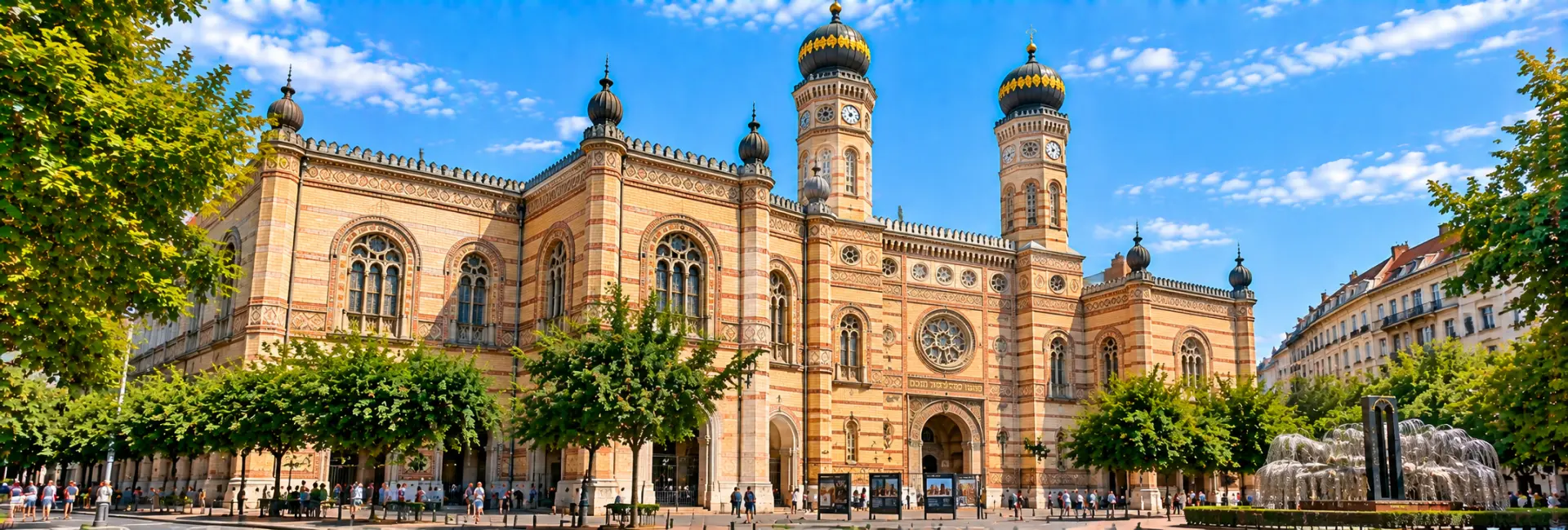 Dohány Street Synagogue in Budapest, Hungary, with ornate brickwork and distinctive onion domes