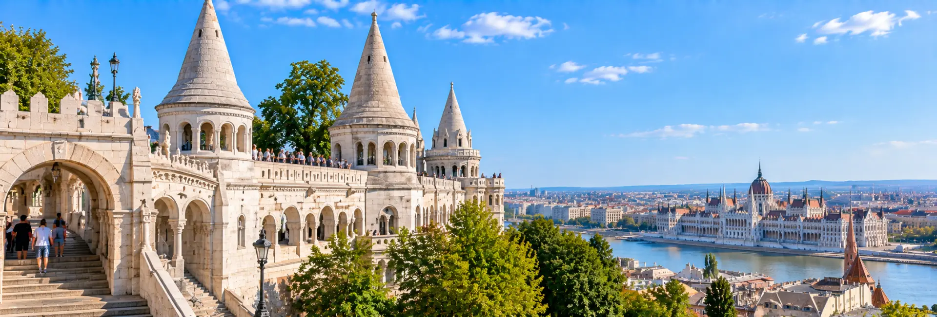 Fisherman’s Bastion in Budapest, Hungary, overlooking the Danube and Hungarian Parliament